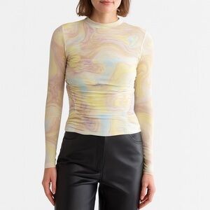 Revolve Anthropologie LONG SLEEVE RUCHED MESH TOP IN SKY MARBLE